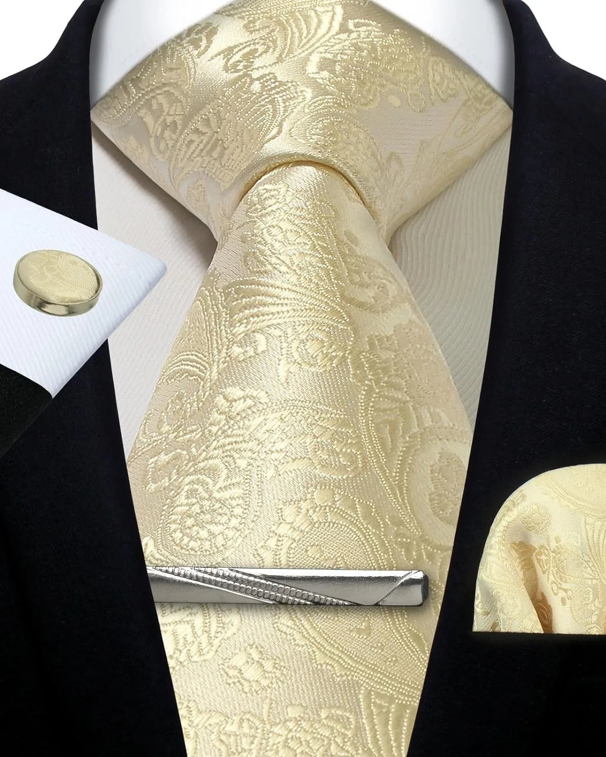 Mens Tie Set Silk Silver Paisley Floral Necktie and Pocket Square Cufflinks Tie Clip Classic Formal Ties for Men Wedding Party