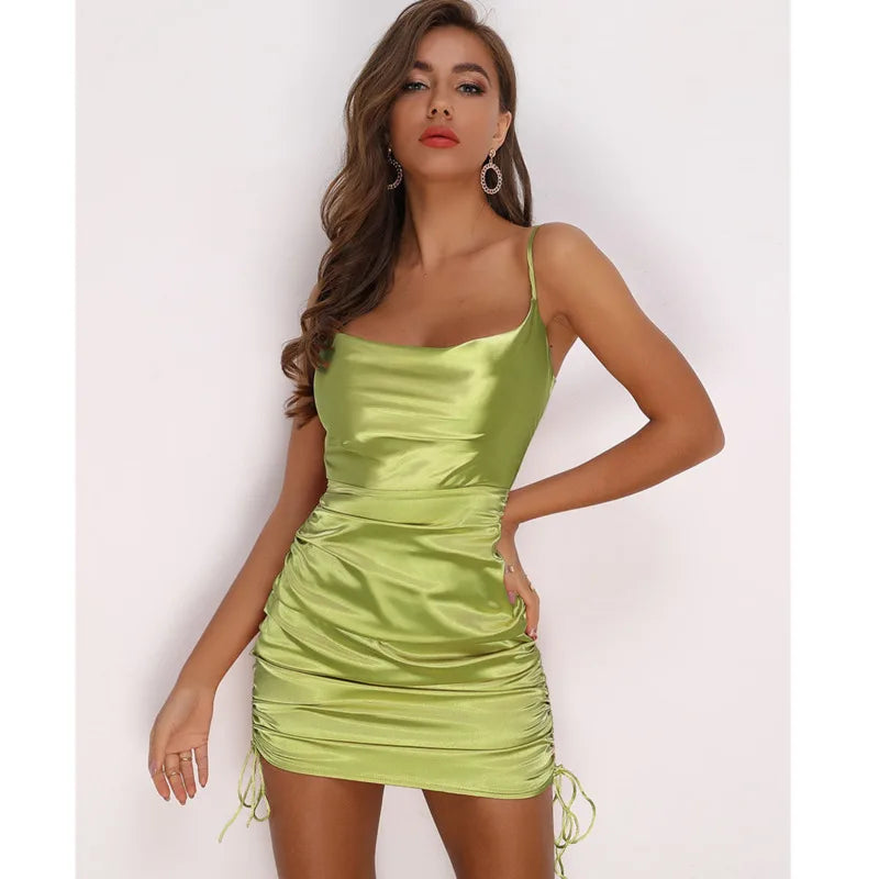 Josiaoprah Satin Mini Summer Dress Women Ruched Pleated Sleeveless Short Beach Dress Drawstring Casual Dress Female Vestidos