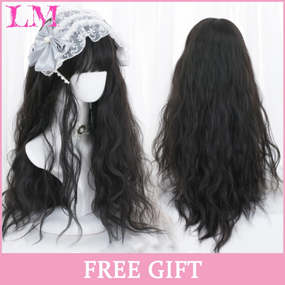 LM Synthetic Black Wig with Long Ponytail Short Straight Wig Lolita Cosplay Party Harajuku Blonde Wig With Bangs for Women