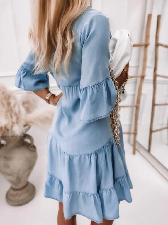 Sexy Women's Denim Dress Summer Short Sleeve Lapel Single Breasted Solid Color