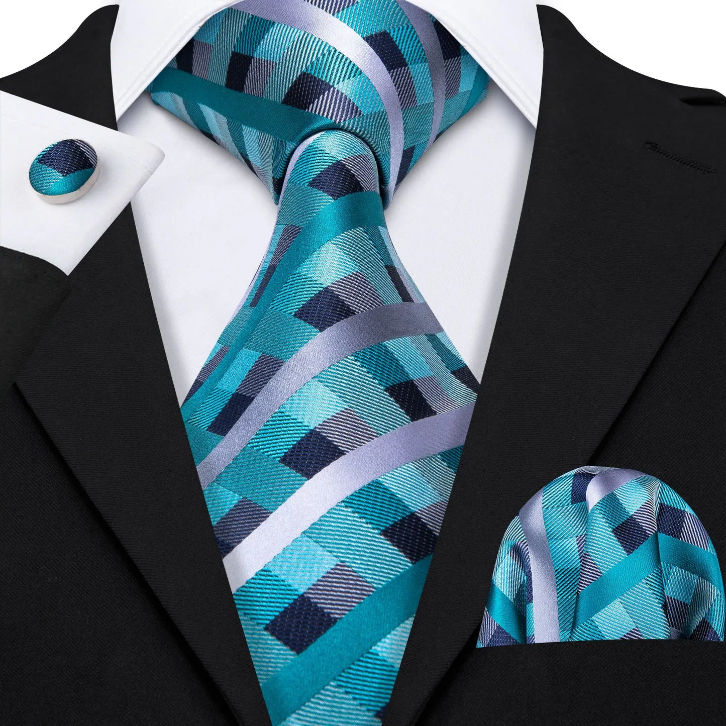Barry.Wang Plaid Silk Men Tie Hanky Cufflinks Set Checked Jacquard Necktie for Male Formal Casual Wedding Business Party Events
