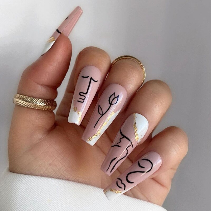 24pcs Strawberry Girl Long Ballet False Nails Art Removable Acrylic Press On Nail Tips