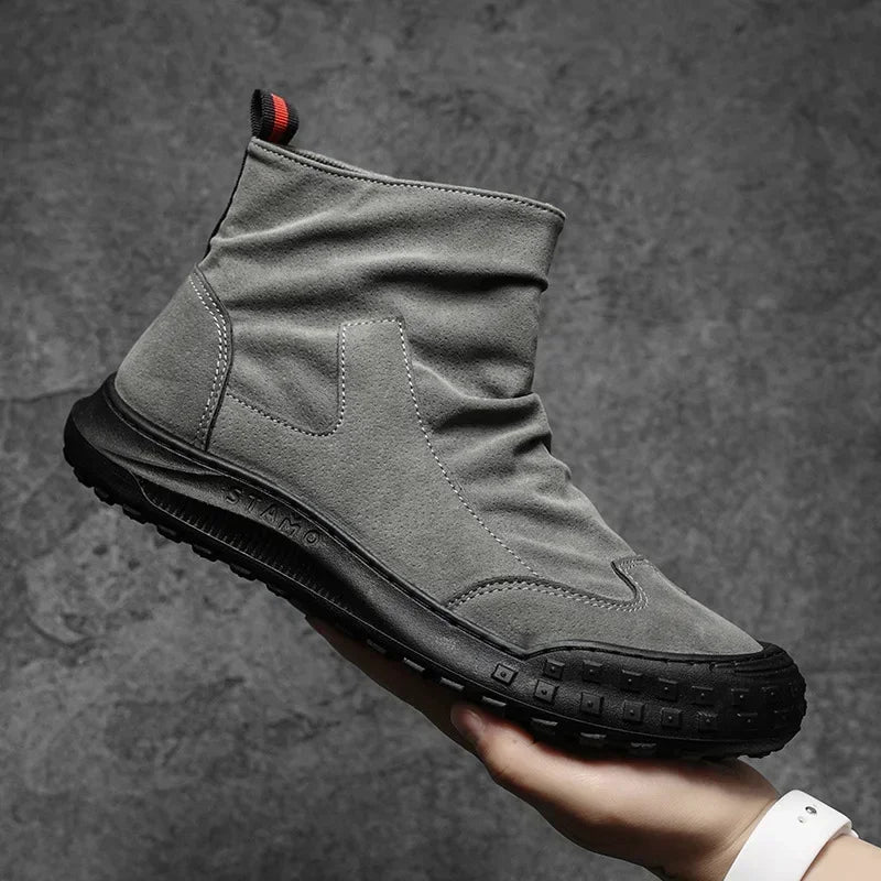 Men's Boots High Cut Workwear Shoes Autumn New Zipper Pleated Non Slip Comfort Thick Soled Wear-resistant Fashion Flat Boots