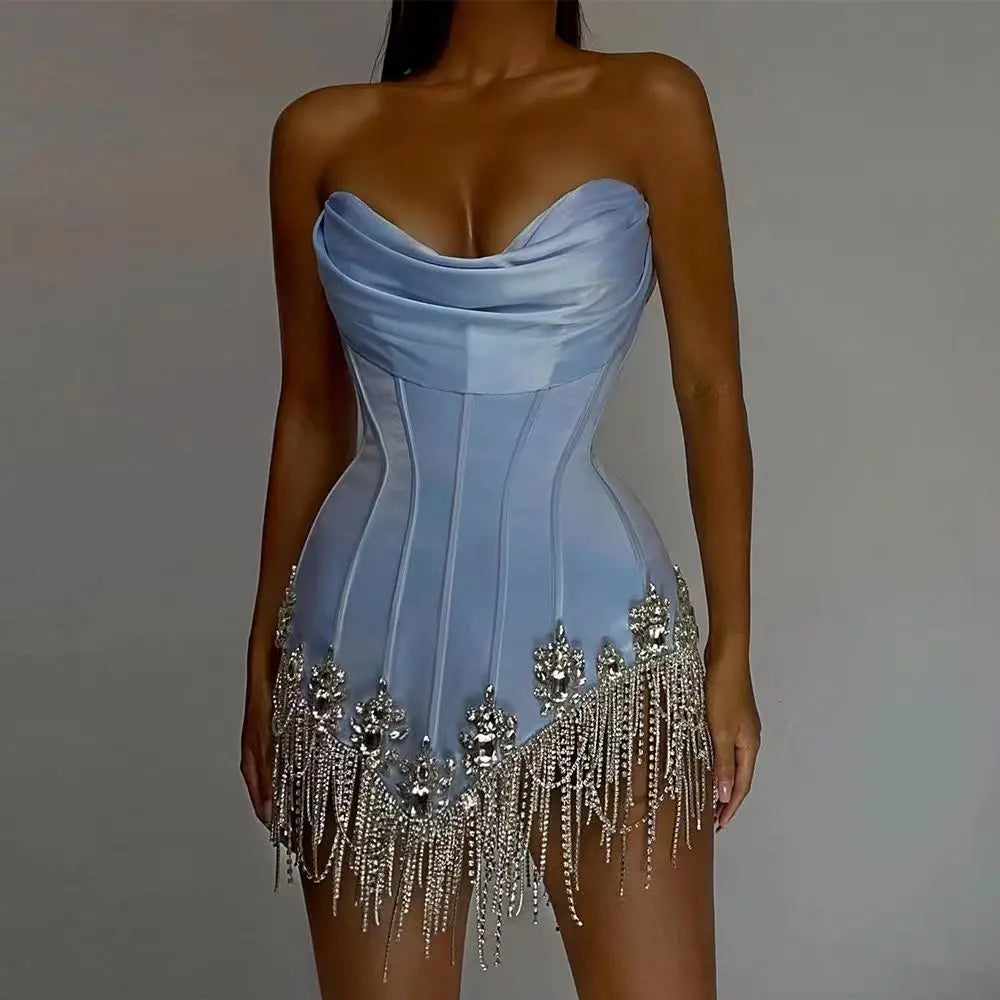 Top Quality Women Sexy Strapless Bodycon Mini Dress Diamond Chain Rayo –  Mega Mart Center