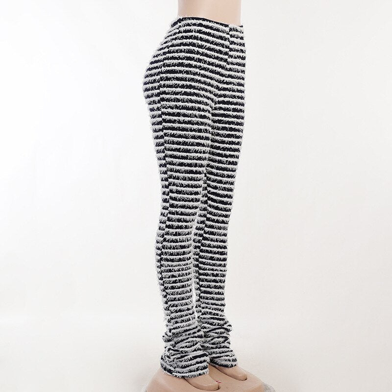 Sexy Women Winter Casual Panelled Knitted Pants Soft High Waist Fleece Stripe Patchwork Trouser