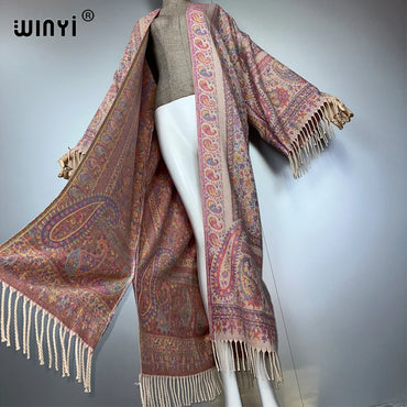 WINYI print tassel winter long cardigan African women winter kimono OverCoat abaya muslim dubai luxury Open Front party dress