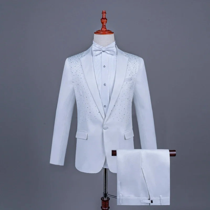 2025 New Black and White Hot Diamond Suits for Men 2-piece,Male Group Chorus/Singer Host/Anchor Dress Performance MC Blazer+Pant
