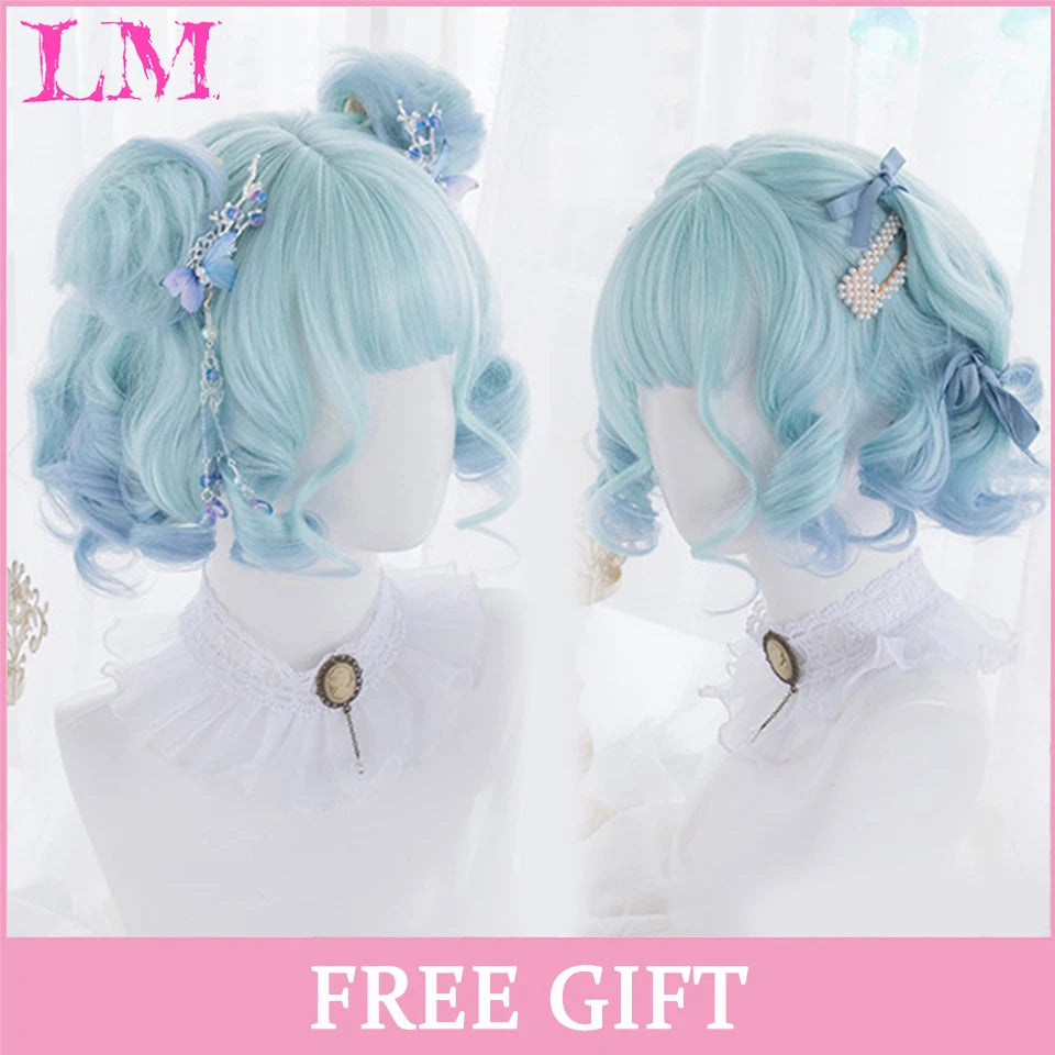 LM Synthetic Black Wig with Long Ponytail Short Straight Wig Lolita Cosplay Party Harajuku Blonde Wig With Bangs for Women
