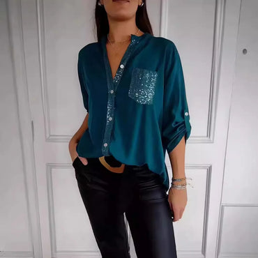 Women Pocket Sequined Blouse Shirts Summer Casual Female Button Lantern Sleeve Bling OL Workwear Blouse Tops 2025