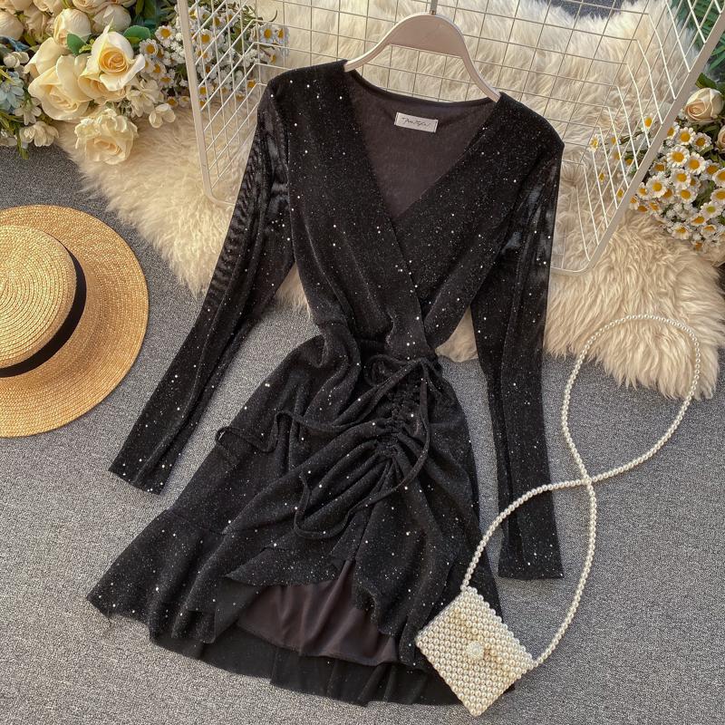 FTLZZ New Women's Dresses Spring Long Sleeve V-neck Elegant Dresses Casual Asymmetrical Ruffle Mini Dress Party Dress