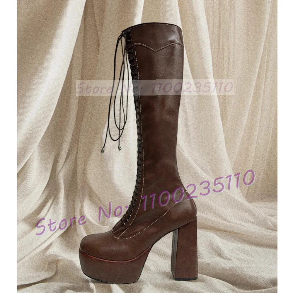 Earthy Brown Platform Knee High Boots Women Splicing Leather Cross Tied High Block Heels Round Toe Halloween Party Tall Boots