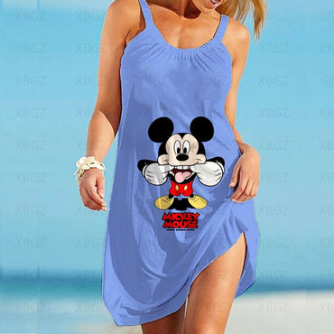 Elegant Dresses for Women Sexy 2022 Minnie Mouse Women's Dress Sling Summer Woman Beach Boho Disney Loose Print Mickey Fashion