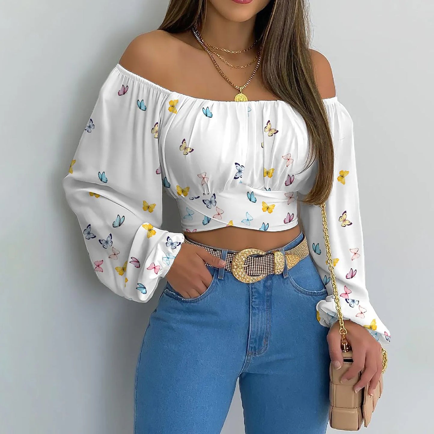 Women Sexy Off Shoulder Blouse Chic and Elegant Printing Lantern Long Sleeve Lace Up Bow Cropped Tops Casual Slim Shirts 2024