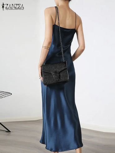 ZANZEA Sexy Strap Dresses Women Spaghetti Straps Dress V Neck Slip Vestidos Elegant Party Clubbing Sundress Satin Solid Robe