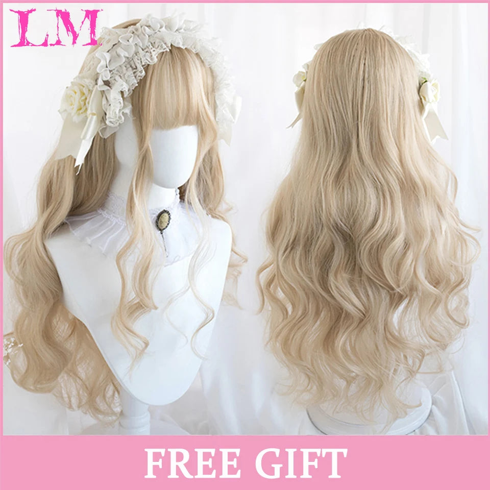 LM Synthetic Black Wig with Long Ponytail Short Straight Wig Lolita Cosplay Party Harajuku Blonde Wig With Bangs for Women