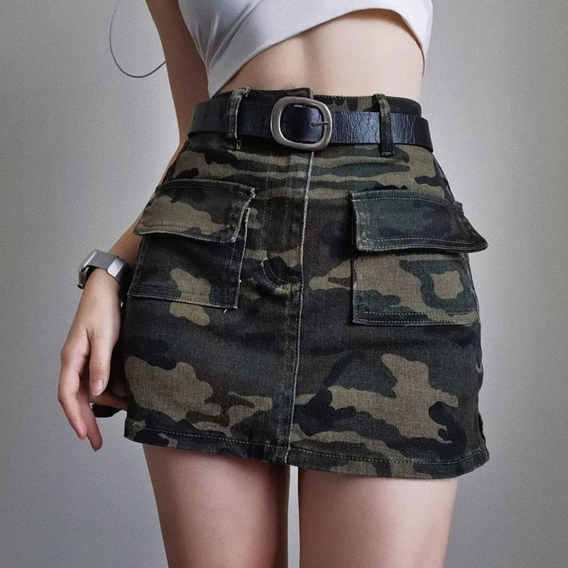 Zoki Sexy Women Streetwear Camouflage Cargo Skirt High Waist American Retro Mini Skirts Harajuku Female Pockets A Line Skirt New