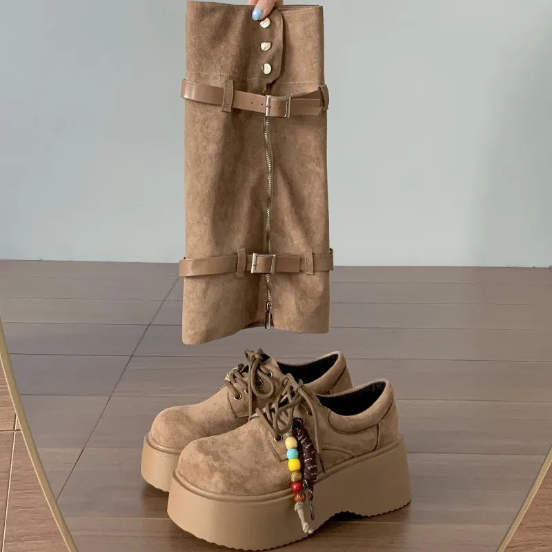 Autumn Winter Chunky Women Knee High Boots Fashion Button Combination Splicing Shoes Ladies Platform Thick Heel Long Booties