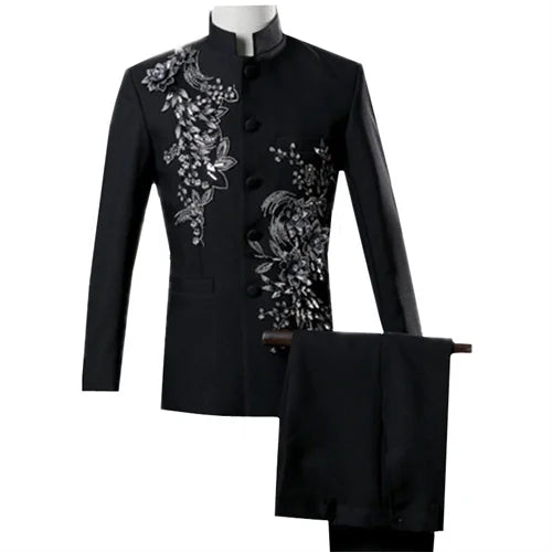 New Men Luxury Decal Suits Black / Red / Blue / White Fashion Singer Host Stage Performance Splicing Flower Blazers and Pants