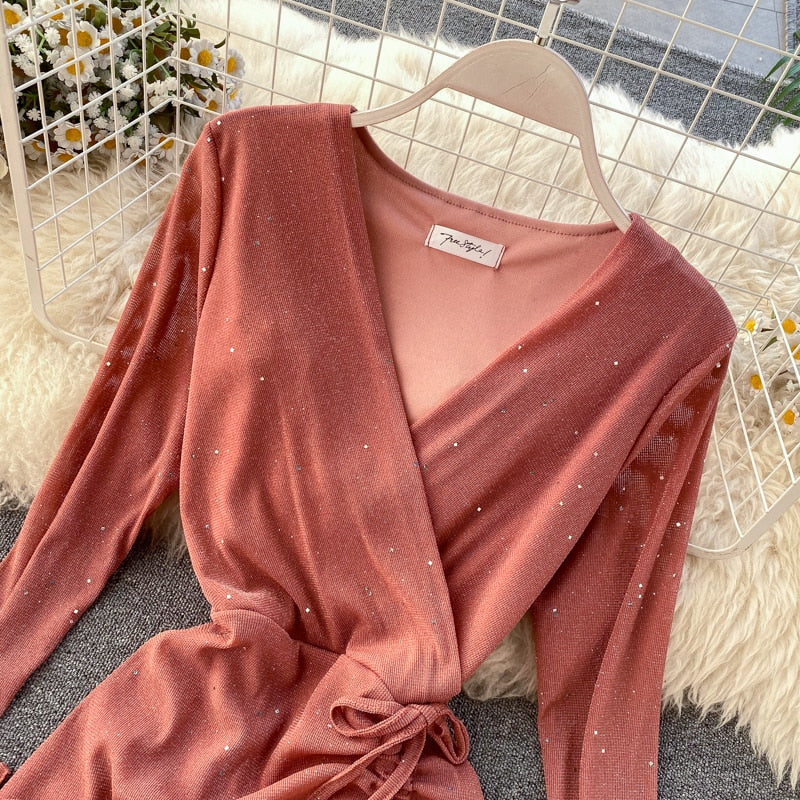 FTLZZ New Women's Dresses Spring Long Sleeve V-neck Elegant Dresses Casual Asymmetrical Ruffle Mini Dress Party Dress