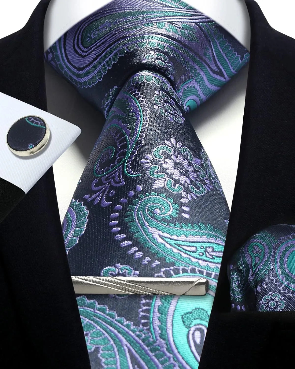 Mens Tie Set Silk Silver Paisley Floral Necktie and Pocket Square Cufflinks Tie Clip Classic Formal Ties for Men Wedding Party