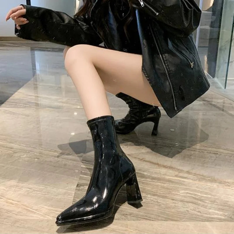 Boots Woman Winter 2024 Black Korean Elegant Heeled Autumn New In Women Shoes Pointed Toe Leather Booties Comfortable High Heels