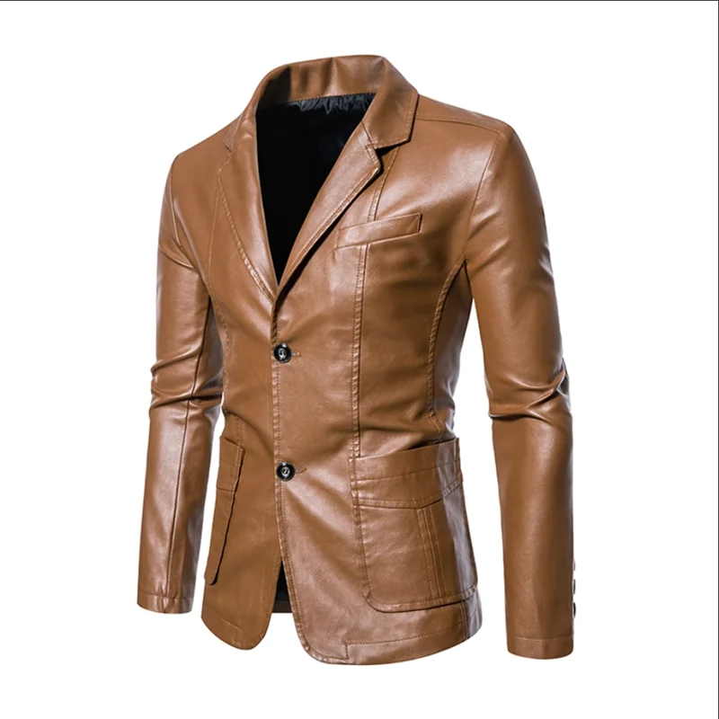 2024 New Men Business Casual Leather Jacket Black / khaki Fashion Male Suit Collar Coats Large Size 5XL Slim Fit Top