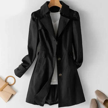 Trench Women Mid Length Coats Turn Down Collar Full Sleeve Coat Slim Fit Single Breasted Jackets Elegant Splice Autumn 2024