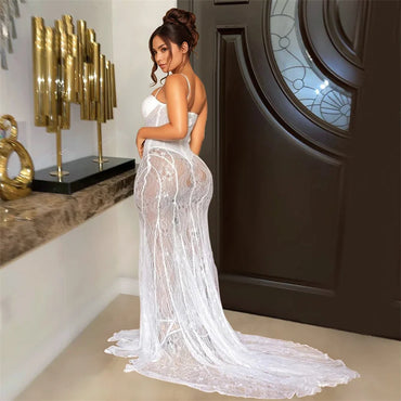 Sexy See Through Lace Mermaid Evening Dresses Women Wedding Nightclub Spaghetti Strap Strapless Club Party Long Dress Elegant