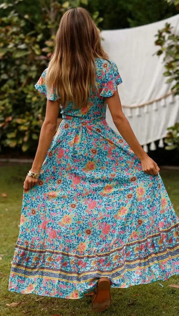 Happie Queens Women Floral Print Bat Sleeve Beach Bohemian Maxi Dress Ladies Sashes Boho Wrap Dresses Robe Bikini Cover-ups