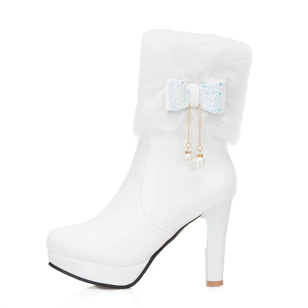 2025 Winter Womens Fashion High Heel Boots Pink White Black Fur Tassel Bowtie Lovely Lolita Ladies Party Wedding Shoes size32-43