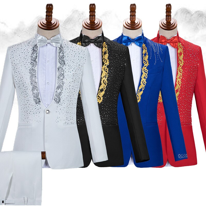 Gold Embroidery Suit Men Stand Collar Diamond Mens Blazer with Pants Wedding Groom Tuxedo Suits Stage Singer Party Costume Homme