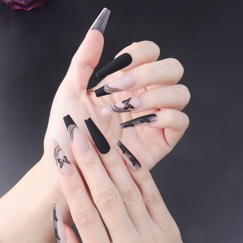 24pcs Strawberry Girl Long Ballet False Nails Art Removable Acrylic Press On Nail Tips