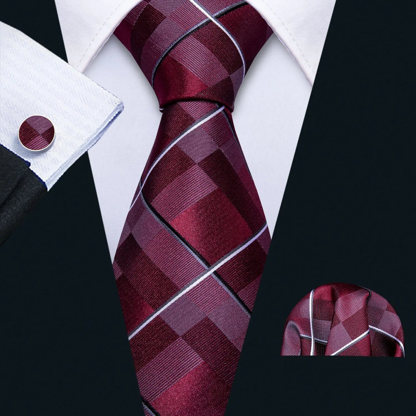 Barry.Wang Plaid Silk Men Tie Hanky Cufflinks Set Checked Jacquard Necktie for Male Formal Casual Wedding Business Party Events