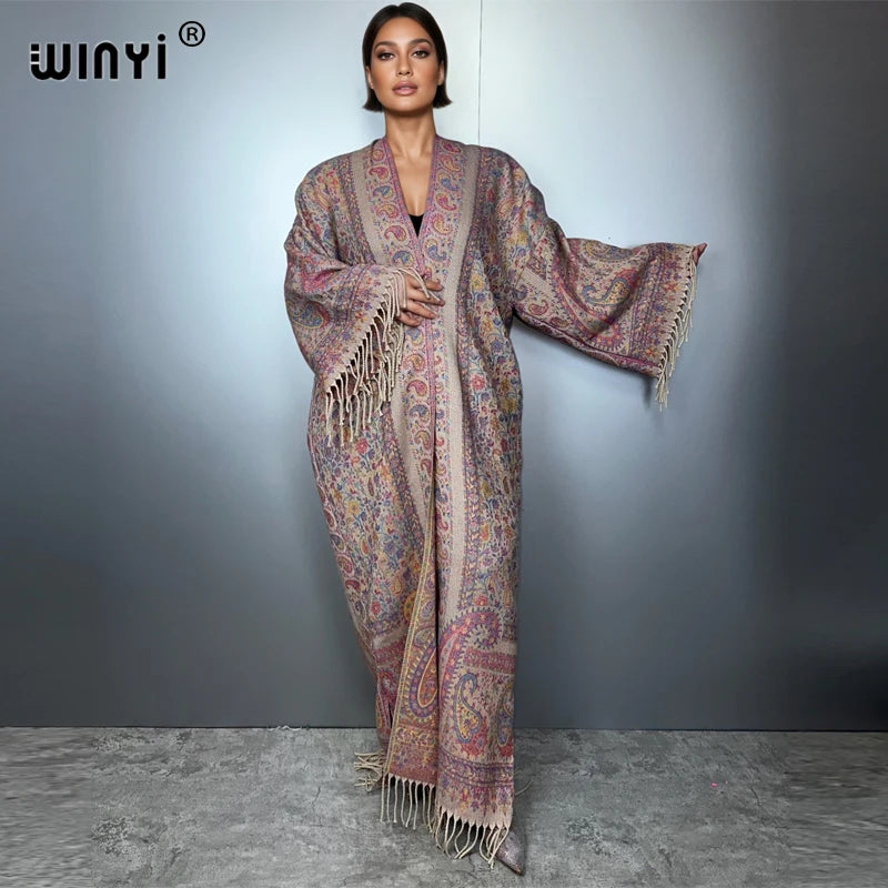 WINYI print tassel winter long cardigan African women winter kimono OverCoat abaya muslim dubai luxury Open Front party dress
