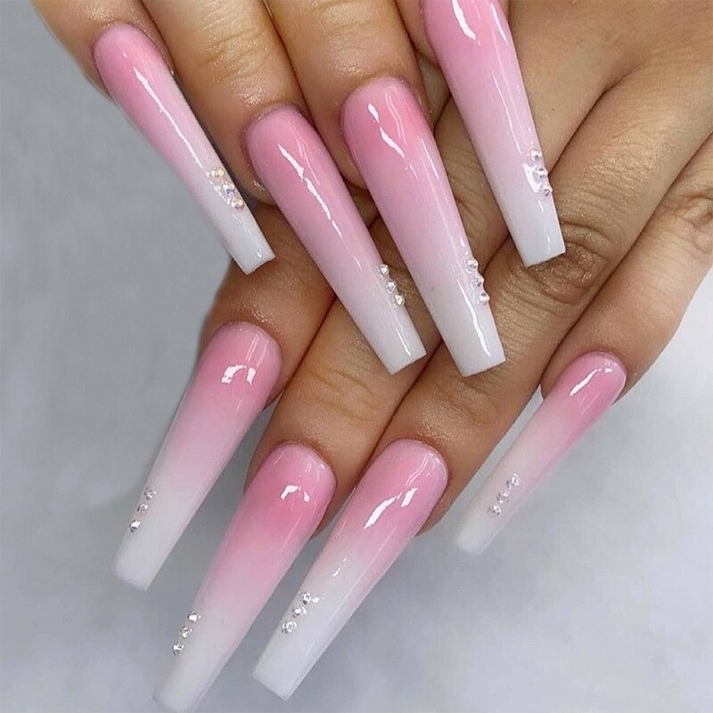 24pcs Strawberry Girl Long Ballet False Nails Art Removable Acrylic Press On Nail Tips