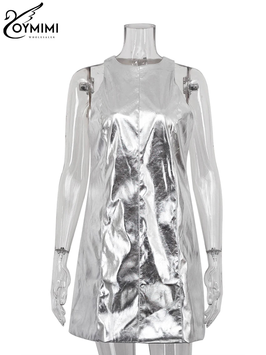 Oymimi Sexy Slim Sliver Pu Leather Dress Ladies Bodycon O-Neck Sleeveless Dress Elegant Classicc Party Dresses For Women 2023