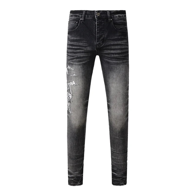 Fashion Top Quality Streetwear Distressed Men's Jeans Vintage Low Rise Stretch Skinny Button Fly Ripped Hold Pants