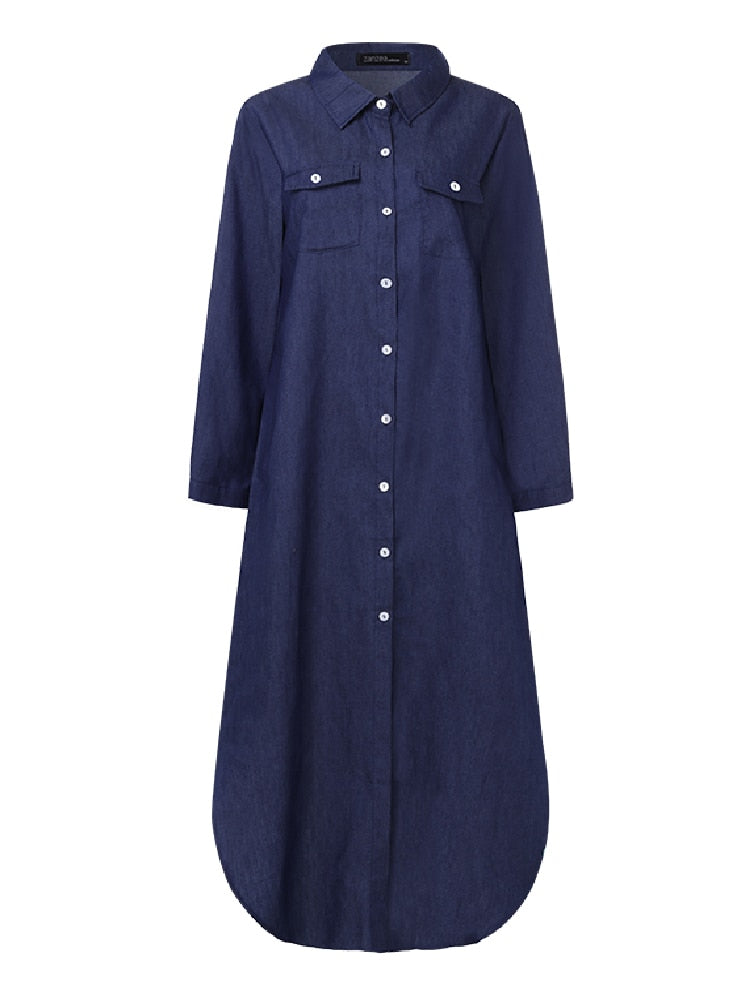 ZANZEA Women's Dress Vintage Shirt Vestido De Mujer Casual Solid Ropa De Mujer 2023 Female Lapel Neck Party Dress