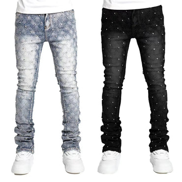 Stretchy Personality Stacked Denim Pants 2024 New Fashion Pearls Fashion Rhinestone European Street Skinny Jeans For Men