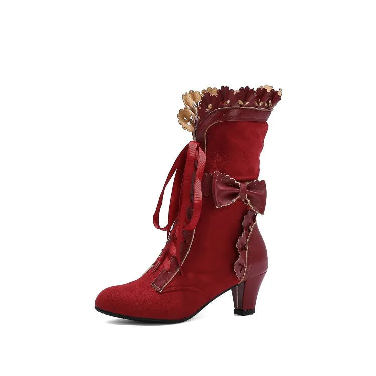Autumn Winter Vintage Women Victorian Boots Lace Up High Heel Bootie Ruffle Trim Lolita Princess Cosplay Tea Party Costume Shoes