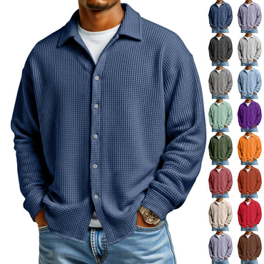 Men Casual Button Down Shirt Long Sleeve Collar Shirt Waffle Texture Loose Fit Fashion Men Top Trendy Outfit Daily Wear
