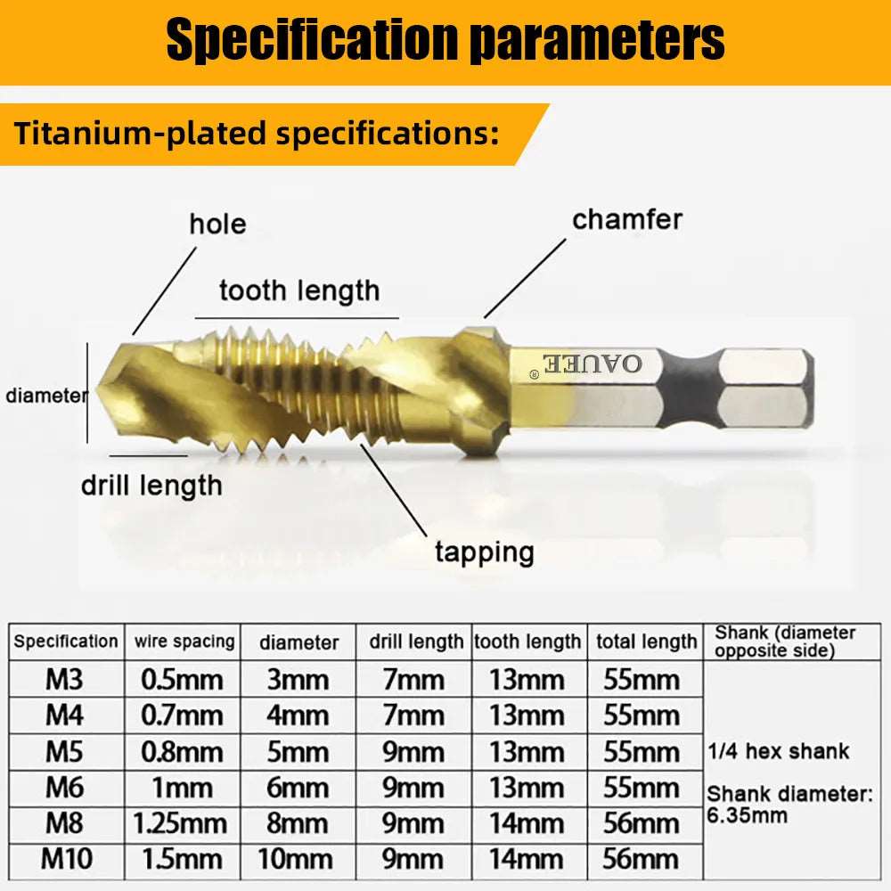 1/6Pcs Tap Drill Bit Set Hex Shank Titanium Plated HSS Screw Thread Bit Screw Machine Compound Tap M3 M4 M5 M6 M8 M10 Hand Tools