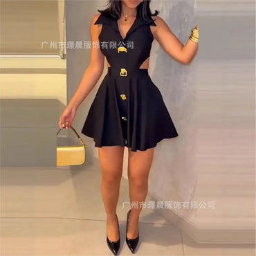 Women's Fashionable Mini Dress 2025 Summer Sleeveless Hollowed-out Lapel Shirt Dress with Button Temperament Elegant Short Skirt