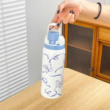 34oz Stylish Stainless Steel Water Bottle - Trendy Floral Two-Tone Design, 24Hr Hot/Cold Insulated, Leakproof Sport Lid & Handle