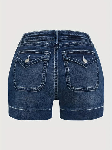 Ladies Mid-Waist Blue Elastic Denim Shorts with Wide Hem Front Pockets Diagonal Buttons Back Pocket Cover Buttons Elegant Casual