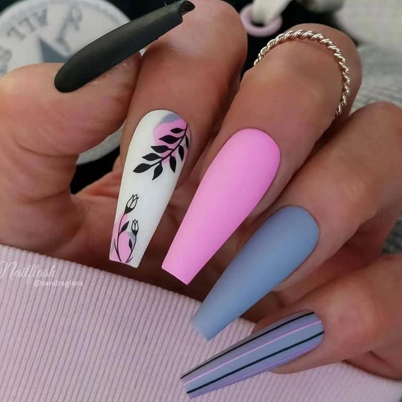 24pcs Strawberry Girl Long Ballet False Nails Art Removable Acrylic Press On Nail Tips