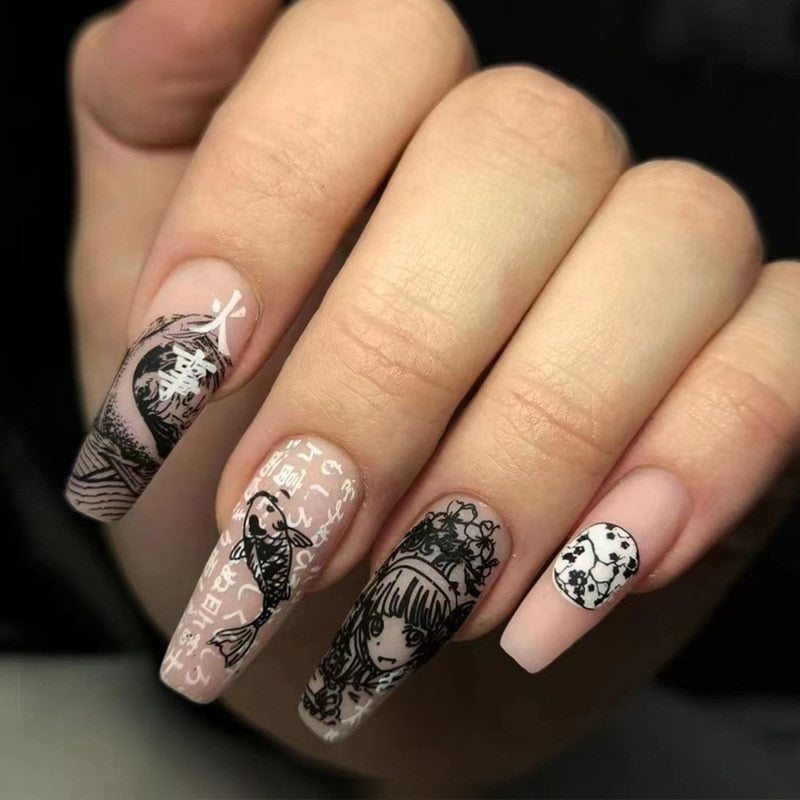 24pcs Strawberry Girl Long Ballet False Nails Art Removable Acrylic Press On Nail Tips