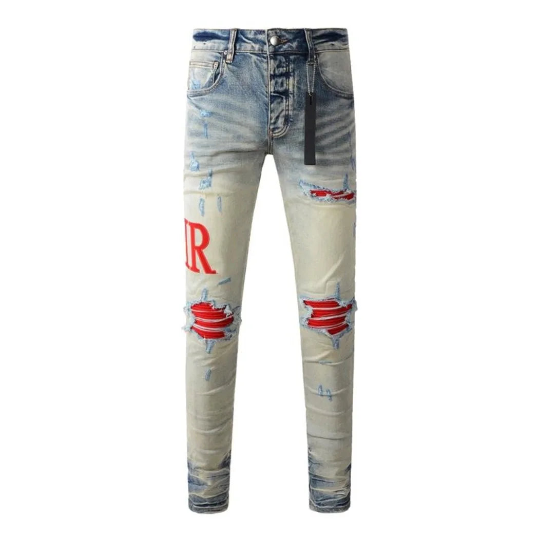 Fashion Top Quality Streetwear Distressed Men's Jeans Vintage Low Rise Stretch Skinny Button Fly Ripped Hold Pants