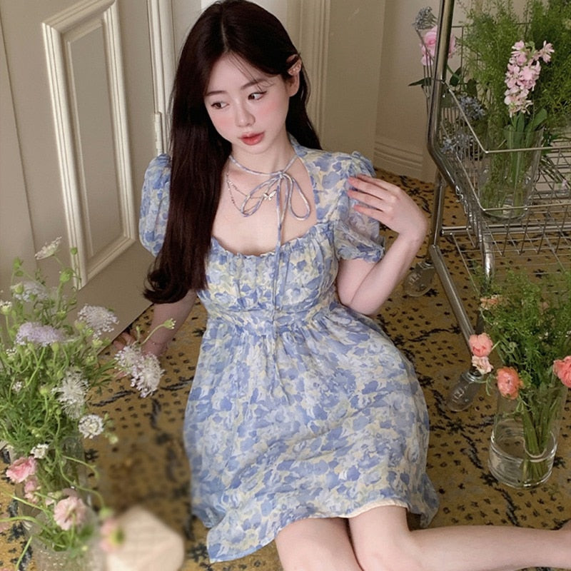 Sexy Y2k Mini Dress Summer Sweet Kawaii Women Retro Floral Puff Sleeve Fairy Dress
