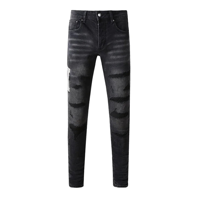 Fashion Top Quality Streetwear Distressed Men's Jeans Vintage Low Rise Stretch Skinny Button Fly Ripped Hold Pants